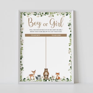 Il genere rivela la tabella del ragazzo o della ragazza, baby shower nei boschi, indovina il segno di genere, animali della foresta, lui o lei firma, stampabile, download immediato
