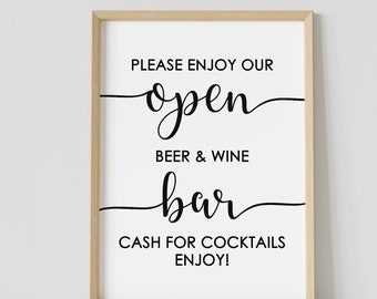 Please enjoy our open beer and wine bar, minimalist bridal shower, open bar sign, beer and wine, printable, instant download