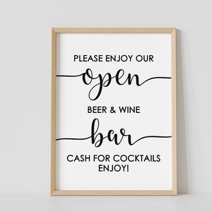 Please enjoy our open beer and wine bar, minimalist bridal shower, open bar sign, beer and wine, printable, instant download