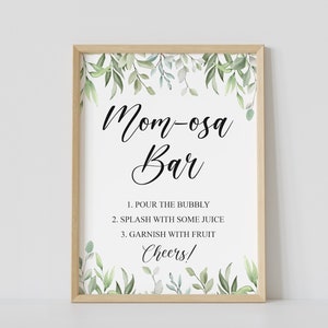Letrero de bar MOMosa con vegetación, letrero de bar con mimosa y burbujas para baby shower, imprimible, letrero de bar MOMosa, letrero de bar con mimosa, descarga instantánea