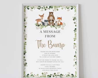 Message from the bump sign, woodland baby shower, bump sign, greenery, forest animals, message from baby, printable, instant download