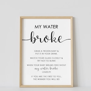 My water broke game sign, minimalist baby shower activity, printable ice cube frozen babies game, black & white, instant download