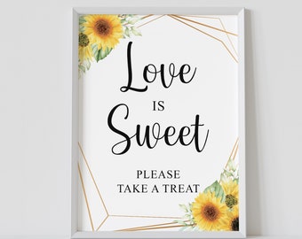 Love is sweet please take a treat, sunflower bridal shower sign, favor table sign, yellow floral, fall, printable,  instant download