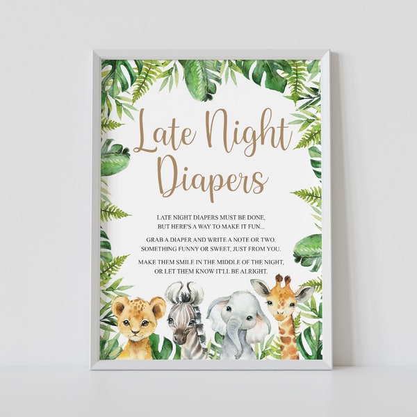 Late night diapers game sign, baby shower activity, diaper thoughts sign, safari, diapers game, jungle, printable, instant download