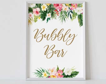 Bubbly Bar sign, tropical bridal shower, champagne, mimosa bar, luau, hawaiian bridal shower, printable, instant download