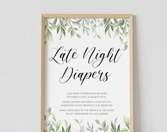 Late night diapers game sign, greenery baby shower activity, printable diaper thoughts sign, diapers game, instant download