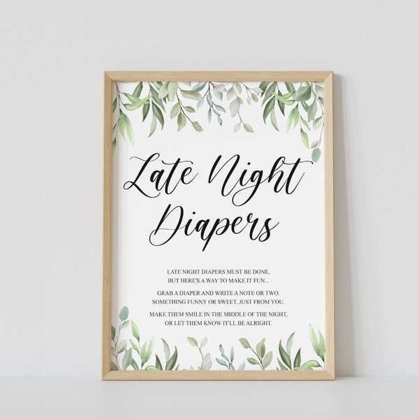 Late night diapers game sign, greenery baby shower activity, printable diaper thoughts sign, diapers game, instant download