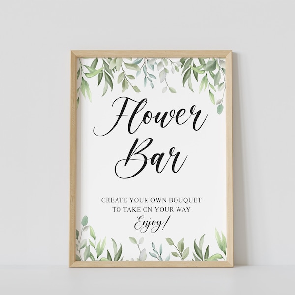 flower bar sign, greenery, flower favor sign, bouquet bar sign, baby shower favor table sign, printable, instant download