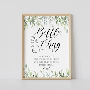 Bottle chug sign game, greenery baby shower, baby bottle chug, baby bottle game, printable, instant download