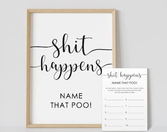 Shit Happens baby shower games, minimalist, funny baby shower activity, name that poo, guess the sweet mess, black & white, printable