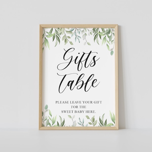 gifts table sign for baby shower, greenery, foliage, printable, instant download