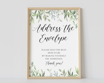 Address the envelope, greenery baby shower, write your address on an envelope sign, Help the Busy Mom to be, printable, instant download