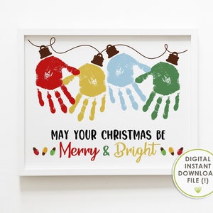 handprint christmas lights, kids crafts, merry & bright, printable, instant download image 1