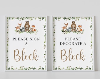 Decorate a block sign, woodland baby shower, decorate a block for the baby, forest animals, printable, instant download