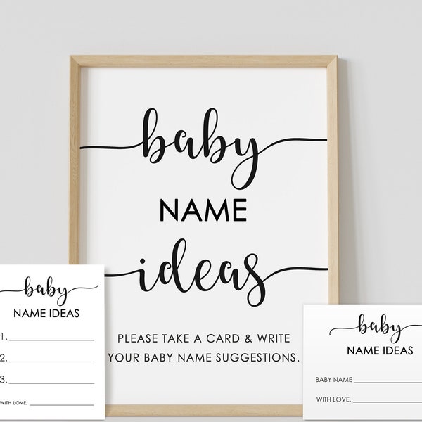 Baby name ideas, minimalist, baby shower game, sign + cards, black & white, baby name suggestions, printable, instant download