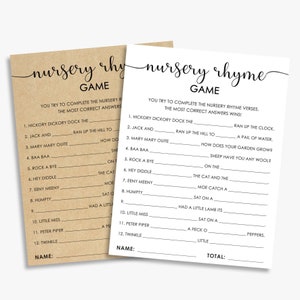 Filastrocca, gioco rustico per baby shower, kraft + bianco e nero, quiz sulla filastrocca, genere neutro, stampabile, download immediato