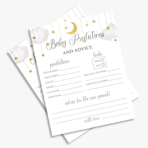babyvoorspellings- en advieskaarten, fonkelende fonkelende kleine ster babyshower, maan en sterren, genderneutraal, afdrukbaar, direct downloaden