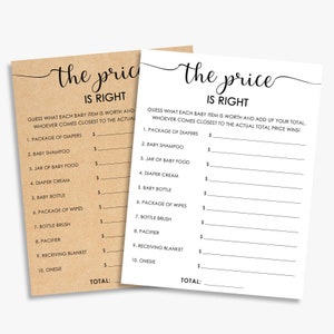 May include: Two printable game cards with the text "The Price is Right" and a list of baby items with blank spaces to write in prices. The game is for a baby shower.
