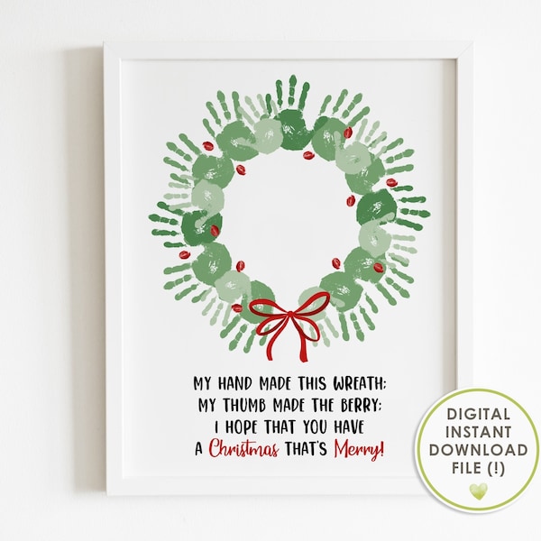 handprint art, christmas  wreath poem, diy postcard, craft gift from baby | from kids | from toddlers, keepsake, printable, instant download