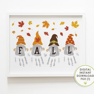 handprint art, fall crafts for kids, autumn gnomes, DIY fall decorations, handprint craft, printable, instant download