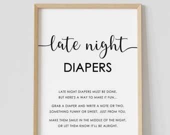 Late night diapers game sign, baby shower activity, diaper thoughts sign, minimalist, diapers game, modern, printable, instant download
