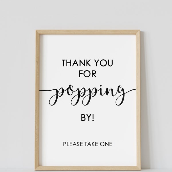 Thanks for popping by, printable sign, minimalist, black & white, popcorn bar sign, baby shower popcorn favor sign, instant download