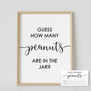 Op de afbeelding: Een printbaar bord met de tekst "Raad hoeveel pinda's er in de pot zitten?" met een bijpassende kaart met de tekst "Raad hoeveel pinda's" met regels voor een naam en een gok.