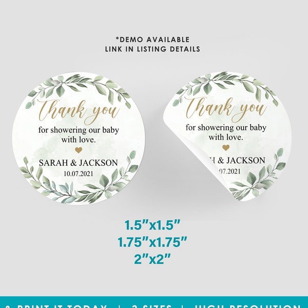 greenery round stickers, baby shower thank you tag, green and gold, foliage, favor tag, printable, EDITABLE, instant download