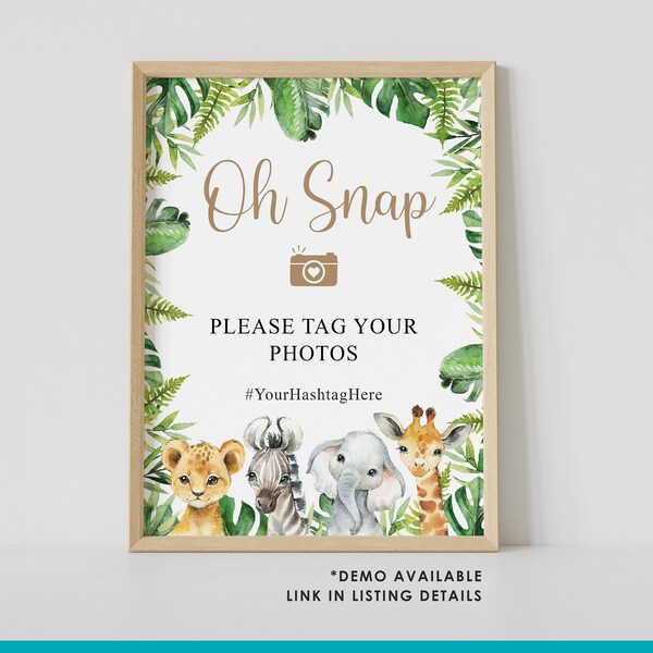 Oh snap, safari baby shower hashtag sign, instagram sign, EDITABLE, jungle animals, gender neutral, hashtag sign, instant download