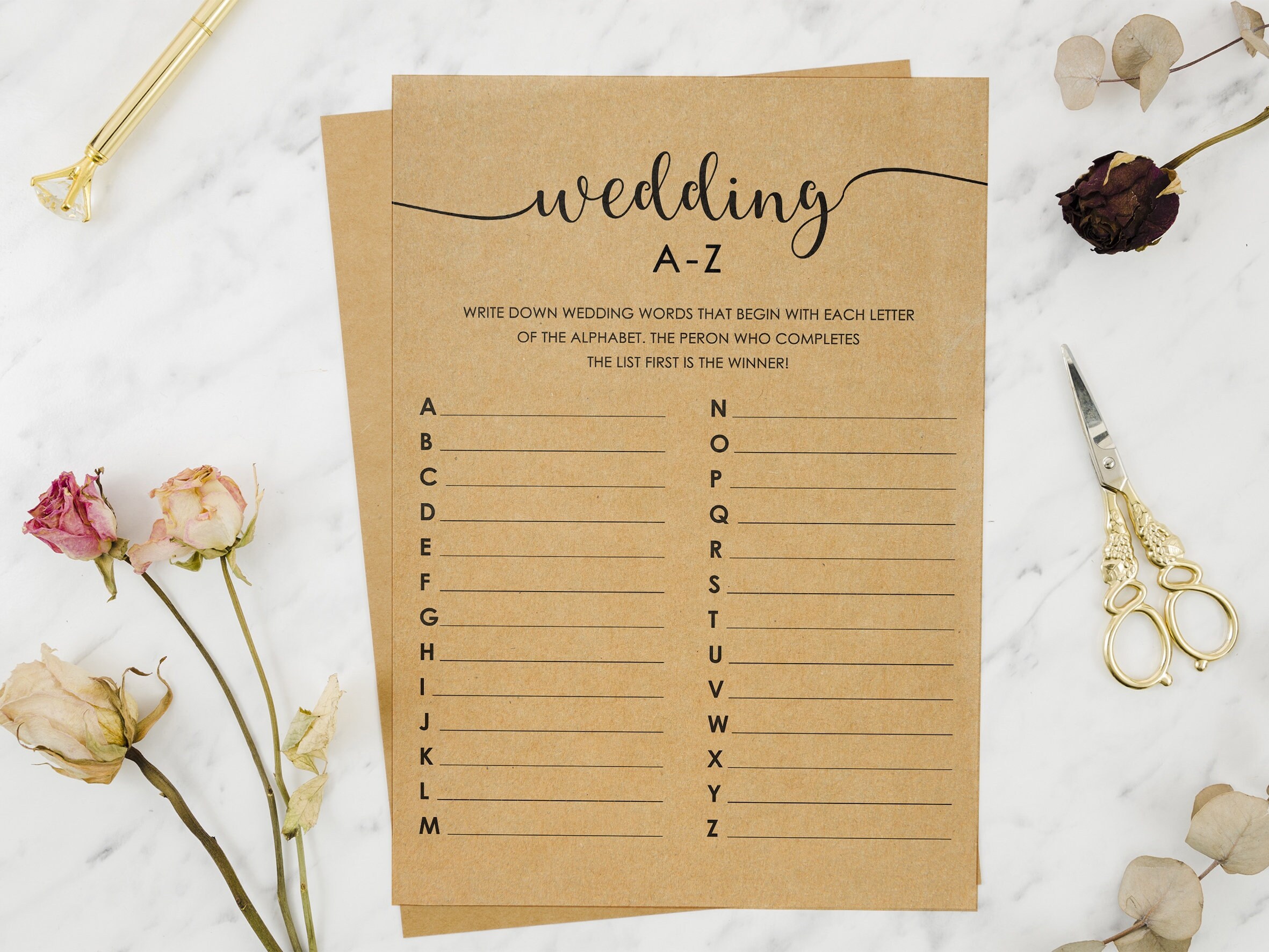 Wedding A-Z game virtual printable bridal alphabet game | Etsy
