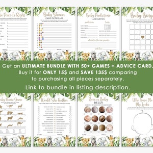 Op de afbeelding: Een set printbare babyshower-spellen met een jungledieren thema. De spellen omvatten "De prijs is goed", "Baby Shower Emoji Pictionary", "Babyvoorspellingen en advies", "Baby Bingo", "Babynaamspel", "Zou ze liever", "Bier of babybuik" en "Wie heeft me mijn uiterlijk gegeven".