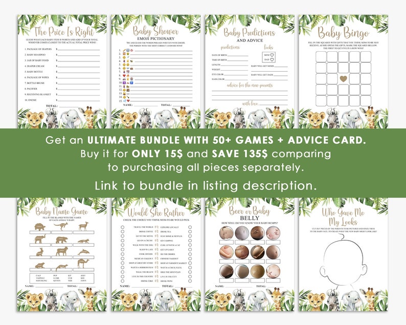 Op de afbeelding: Een set printbare babyshower-spellen met een jungledieren thema. De spellen omvatten "De prijs is goed", "Baby Shower Emoji Pictionary", "Babyvoorspellingen en advies", "Baby Bingo", "Babynaamspel", "Zou ze liever", "Bier of babybuik" en "Wie heeft me mijn uiterlijk gegeven".