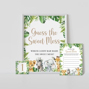 May include: A printable game for a jungle-themed party. The game is called "Guess the Sweet Mess" and asks guests to guess which candy bar made the sweet mess. The game features a jungle animal theme with a lion, zebra, elephant, and giraffe.
