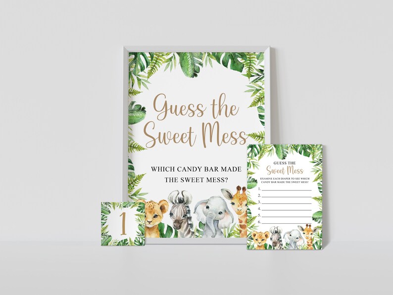 May include: A printable game for a jungle-themed party. The game is called "Guess the Sweet Mess" and asks guests to guess which candy bar made the sweet mess. The game features a jungle animal theme with a lion, zebra, elephant, and giraffe.