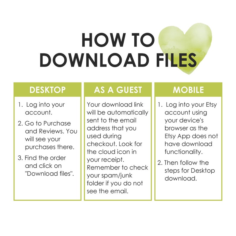 Op de afbeelding: Een groene hartgrafiek met de tekst "HOW TO DOWNLOAD FILES" erboven. Drie groene vakken met witte tekst leggen uit hoe je digitale bestanden van Etsy kunt downloaden op een desktopcomputer, als gast en op een mobiel apparaat.