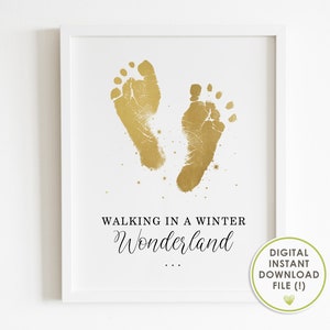 winter nursery decor, footprint art, christmas baby keepsake, first christmas, minimalist, white & gold, crafts, memory, instant download