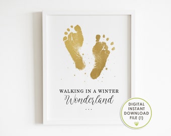 winter nursery decor, footprint art, christmas baby keepsake, first christmas, minimalist, white & gold, crafts, memory, instant download