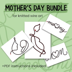 Puede incluir: Paquete del Día de la Madre para arte de alambre tejido. La imagen presenta diseños de arte lineal de una madre y un niño, una mujer embarazada y las palabras "mamá" y "mamá" con un corazón. También está presente el texto "+Instrucciones en PDF incluidas".