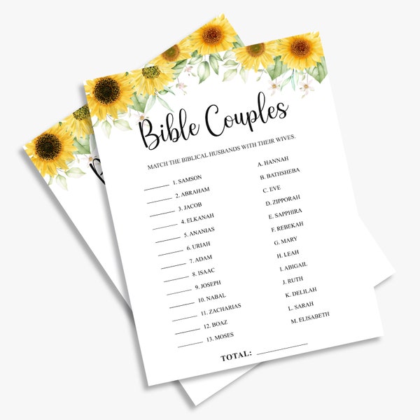 Bible couples quiz, sunflower bridal shower game, christian biblical, couples in the bible, sunflowers, printable, instant download