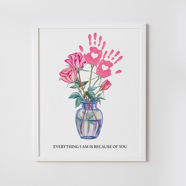 Flower handprint art for Mother's Day, DIY, birthday, mothers day gift from kids, floral bouquet of pink roses, printable, INSTANT DOWNLOAD