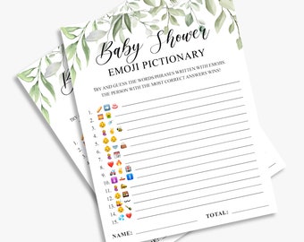 baby emoji pictionary game, greenery baby shower emoji game, foliage, gender neutral, printable, instant download