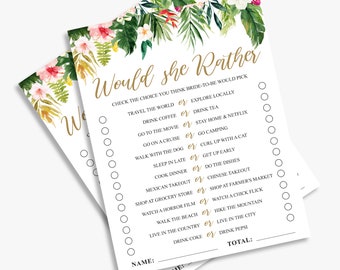 Would she rather, tropical bridal shower game, luau, hawaiian bridal shower, printable, instant download