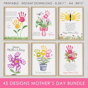 May include: A set of 45 printable Mother's Day cards featuring handprint art. The cards feature various designs with flowers, butterflies, and potted plants. The cards are perfect for children to create a personalised gift for their mothers.