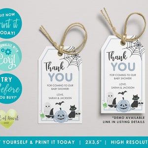 Editable pastel halloween thank you tags, halloween baby shower, halloween favor tags, printable, digital download