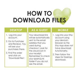 May include: A green heart graphic with the text "HOW TO DOWNLOAD FILES" above it.  Three green boxes with white text explain how to download digital files from Etsy on a desktop computer, as a guest, and on a mobile device.