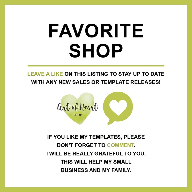 May include: White background with the words "FAVORITE SHOP" in large black letters. Below, text encourages viewers to like the listing for updates. Includes a heart logo and the text "Art of Heart Shop."