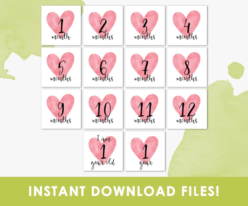 Milestone Cards Baby Girl, Watercolor Pink Heart, Printable, Baby ...