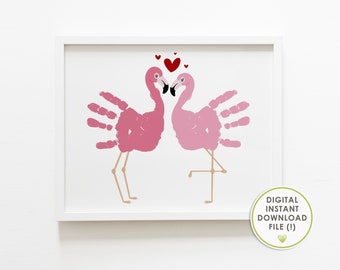 handprint art valentines, pink flamingo, summer crafts for kids, printable, instant download