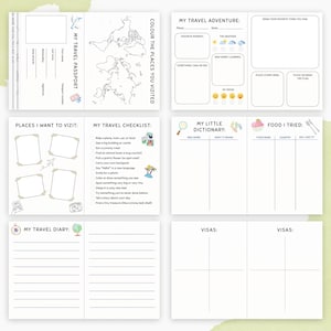 May include: A travel journal with sections for recording travel experiences. Includes pages for a passport, world map, travel adventure, places to visit, checklist, dictionary, food, diary, and visas. The journal is white with black text and simple illustrations.