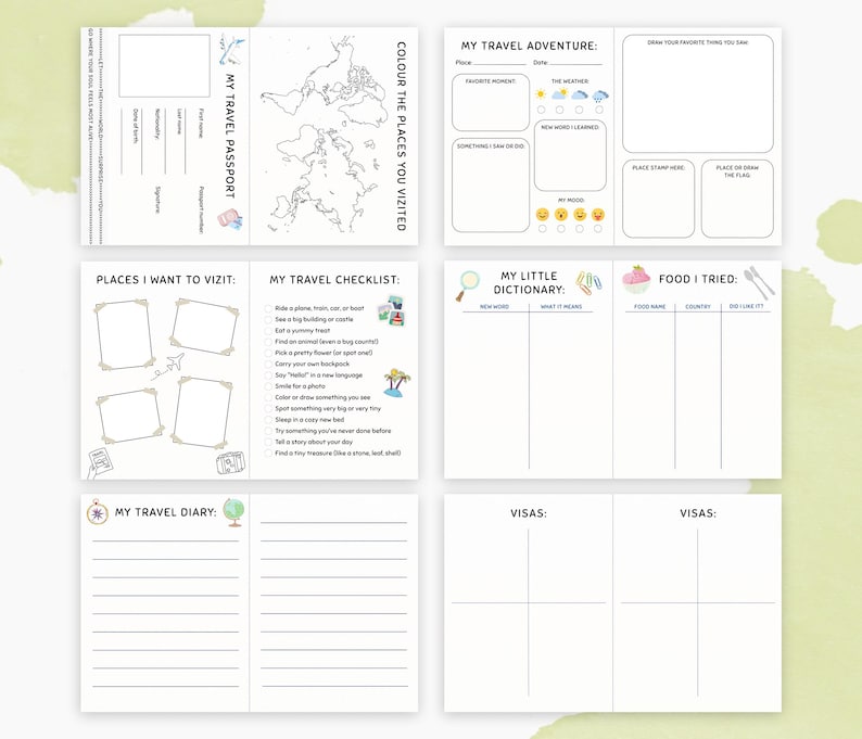 May include: A travel journal with sections for recording travel experiences. Includes pages for a passport, world map, travel adventure, places to visit, checklist, dictionary, food, diary, and visas. The journal is white with black text and simple illustrations.